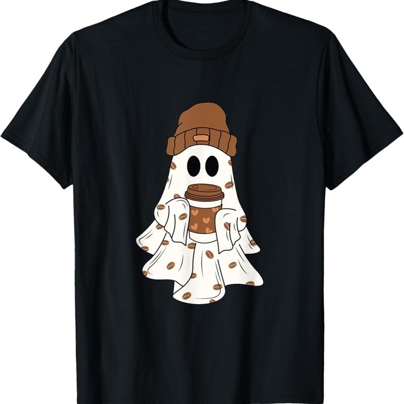 

Cute Ghost Drinking Coffee Halloween Ice T Shirt - Men s Summer Cotton Graphic Tee S разноцветный