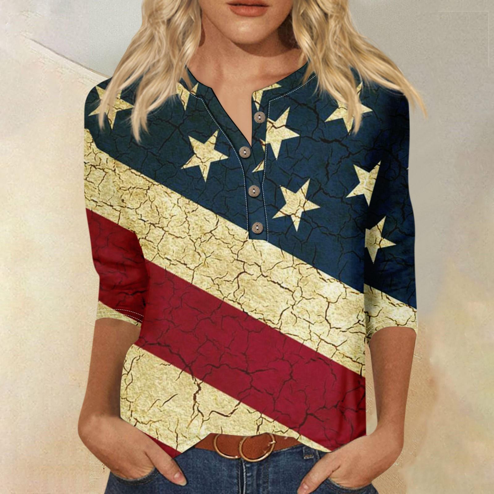 

Женская модная повседневная новая свободная футболка с круглым вырезом на пуговицах и рукавами 3/4, женский топ с принтом ко Дню независимости L