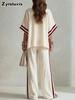 Summer New Women's Striped Patchwork Irregular Hem Casual Wide Leg Pants Two Piece Set