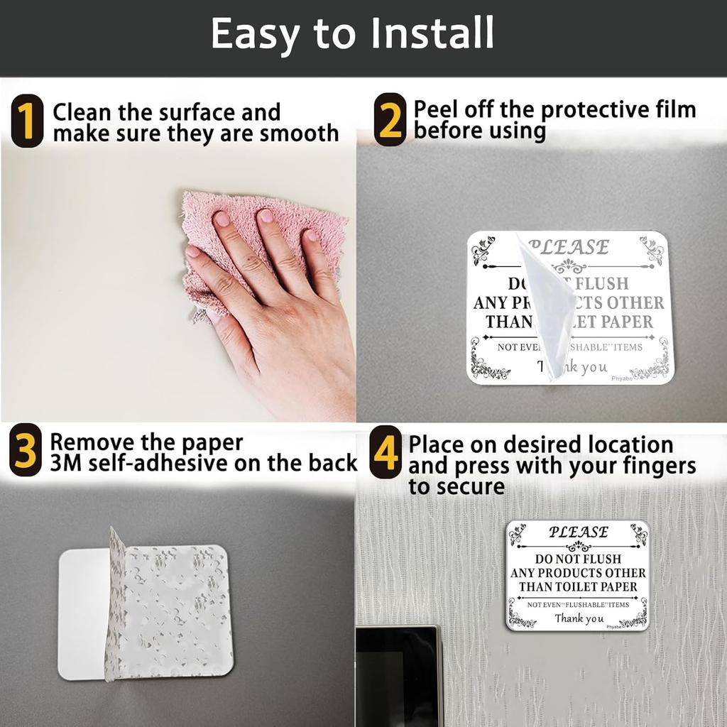 4 PCS Do Not Flush Any Products Other Than Toilet Paper Sign, 5” X 4” Thick Acrylic Self-Adhesive Sign, Ideal for Restaurants, Bars, Hotels, and