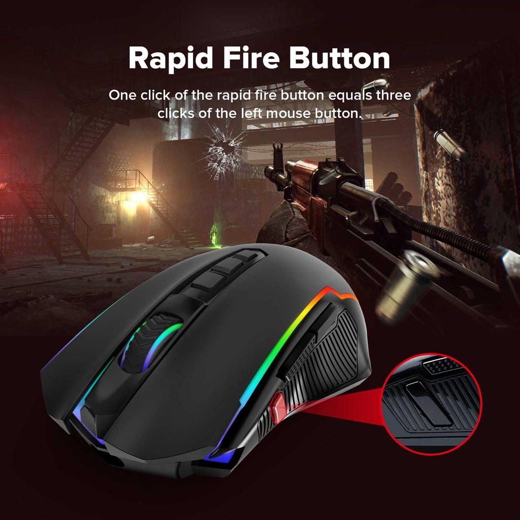 Souris gaming double mode sans fil/filaire Redragon M910-KS RANGER LITE RGB2.4G, 8000 DPI, boutons de tir rapide - Noire