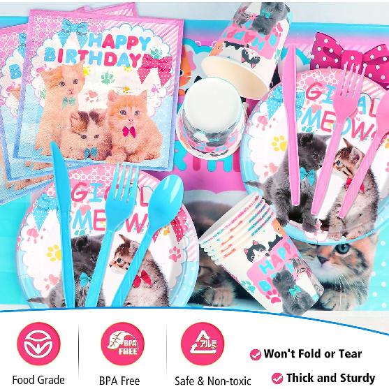 183 PCS Cat Birthday Party Decorations, Cat Themed Party Decorations Includes Balloons, Backdrop, Happy Birthday Banner, Tablecloth, Plates, Cups,