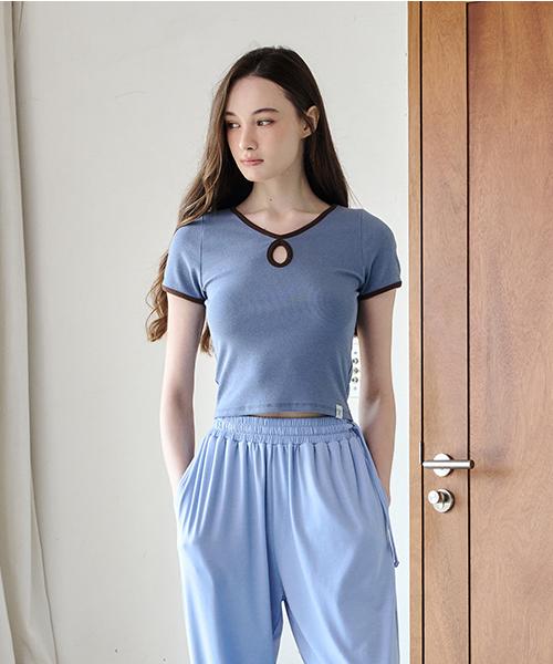 Reina Mora Binding Cutout Neck Short Sleeve Sitta Blue 2