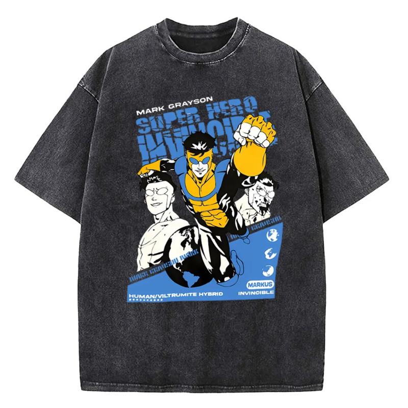 Vintage Washed Invincible Cartoon Shirt Harajuku Style for Men Women Pure High Quality Cotton T-Shirts Tee Clothing