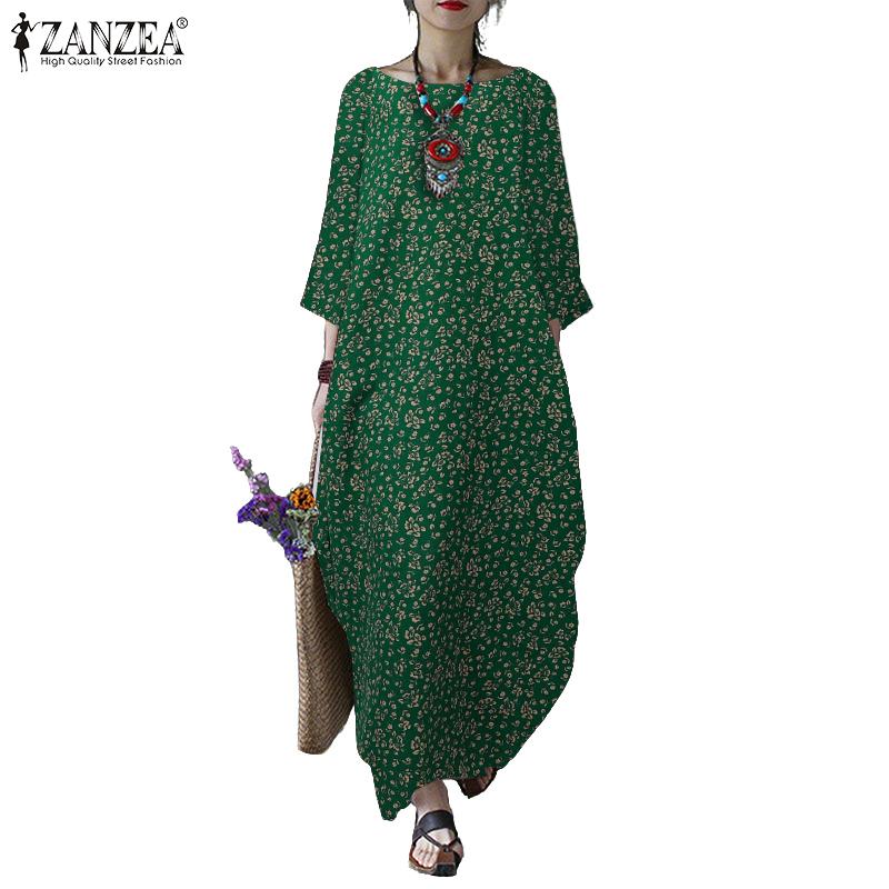 ZANZEA Women Floral Print Casual Round Neck 3/4 Sleeve Cotton Dress