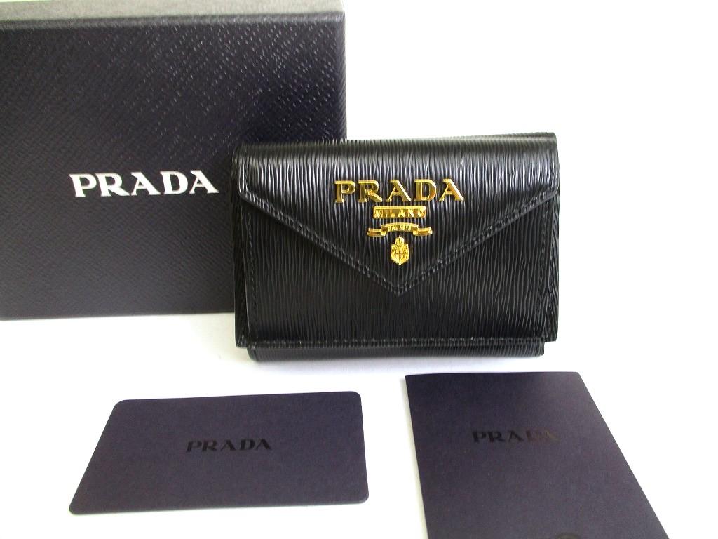 Authentic PRADA Black Leather Trifold Wallet Compact Wallet #a873  Refurbished