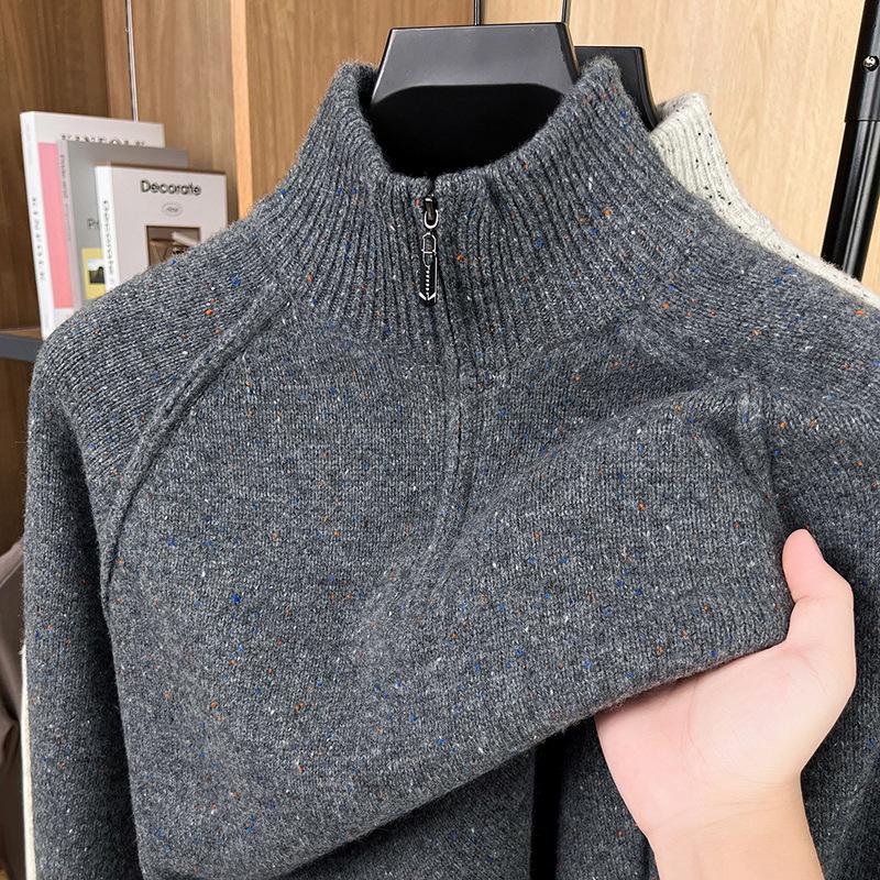 

Colorful Specked 100% Wool 7-Gauge Raglan Sweater with Zippered Half-High Collar 3XL