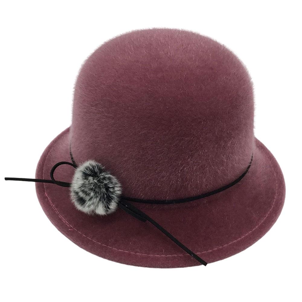 Elegant Women Fedora Hat Vintage Pompom Bowknot Flat Top Felt Hat Winter Autumn Imitation Woolen Bowler Cap Panama Church Hat