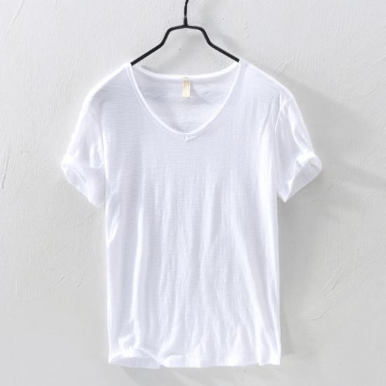 Summer Men Thin Breathable T-shirt V-neck Short Sleeve Solid Color Casual Basic Tees Casual Bottoms Pullover Tops
