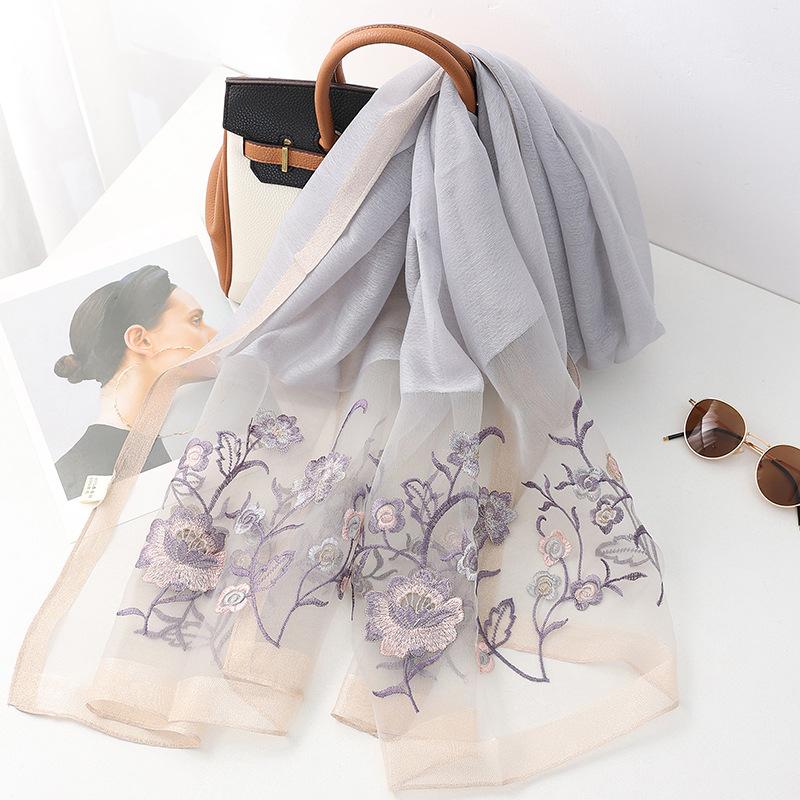 Four Season silk wool scarf women hijab pashmina shawls wrap Luxury Bandana Floral Pashmina Embroidery Scarves Foulard Fashion