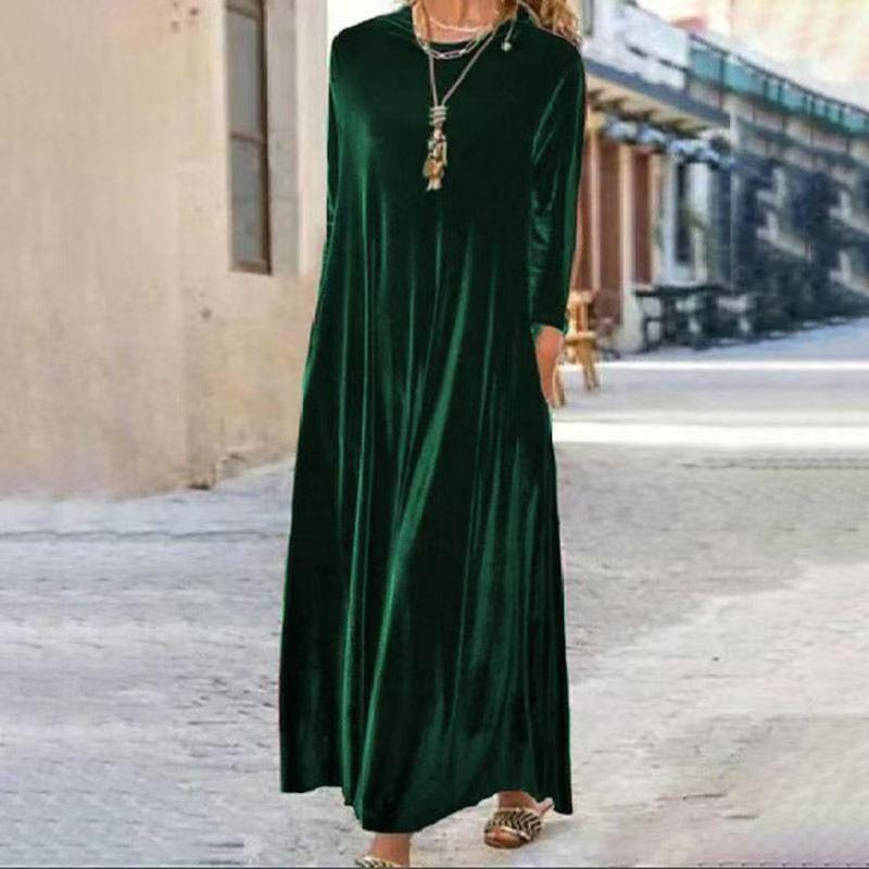 Robe Velours Doré Style Étranger Noble Manches Longues Printemps et Automne Nouvelle Robe Mi-longue Ajustée Col Superposé Tempérament