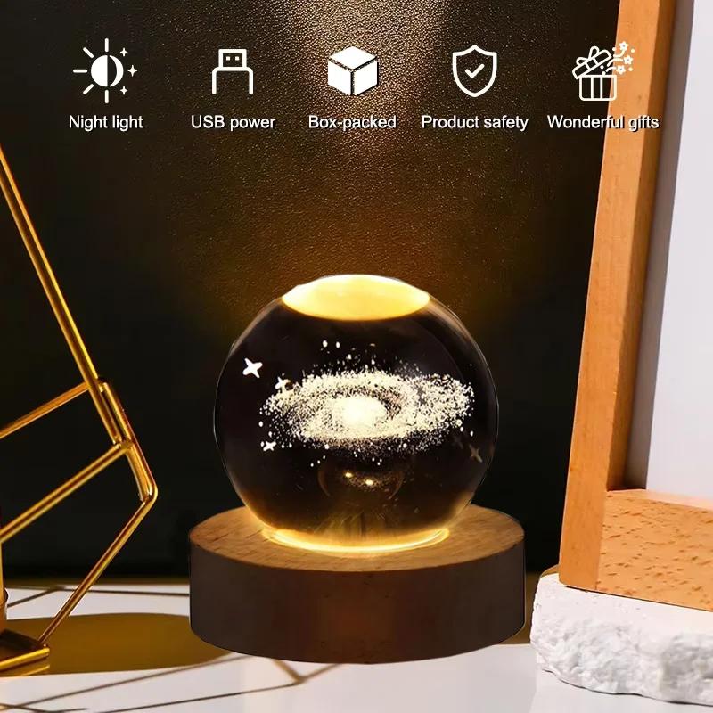 3D Moon Crystal Ball Astronomy Galaxy Solar System Saturn Luminous Balls Snow Glass Globe Night Light Home Desktop Decoration