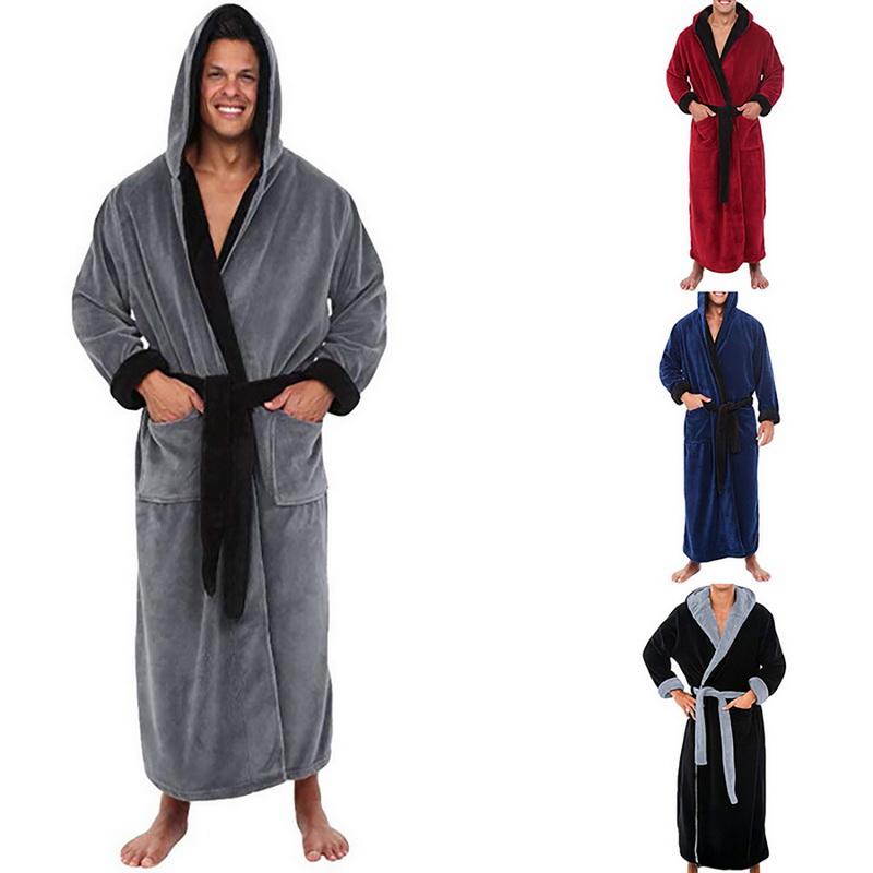 Men Bathrobe Fleece Robe with Hood Winter Warm Bathrobe Home Clothes Long Sleeve Robe Loungewear Sleepwear
