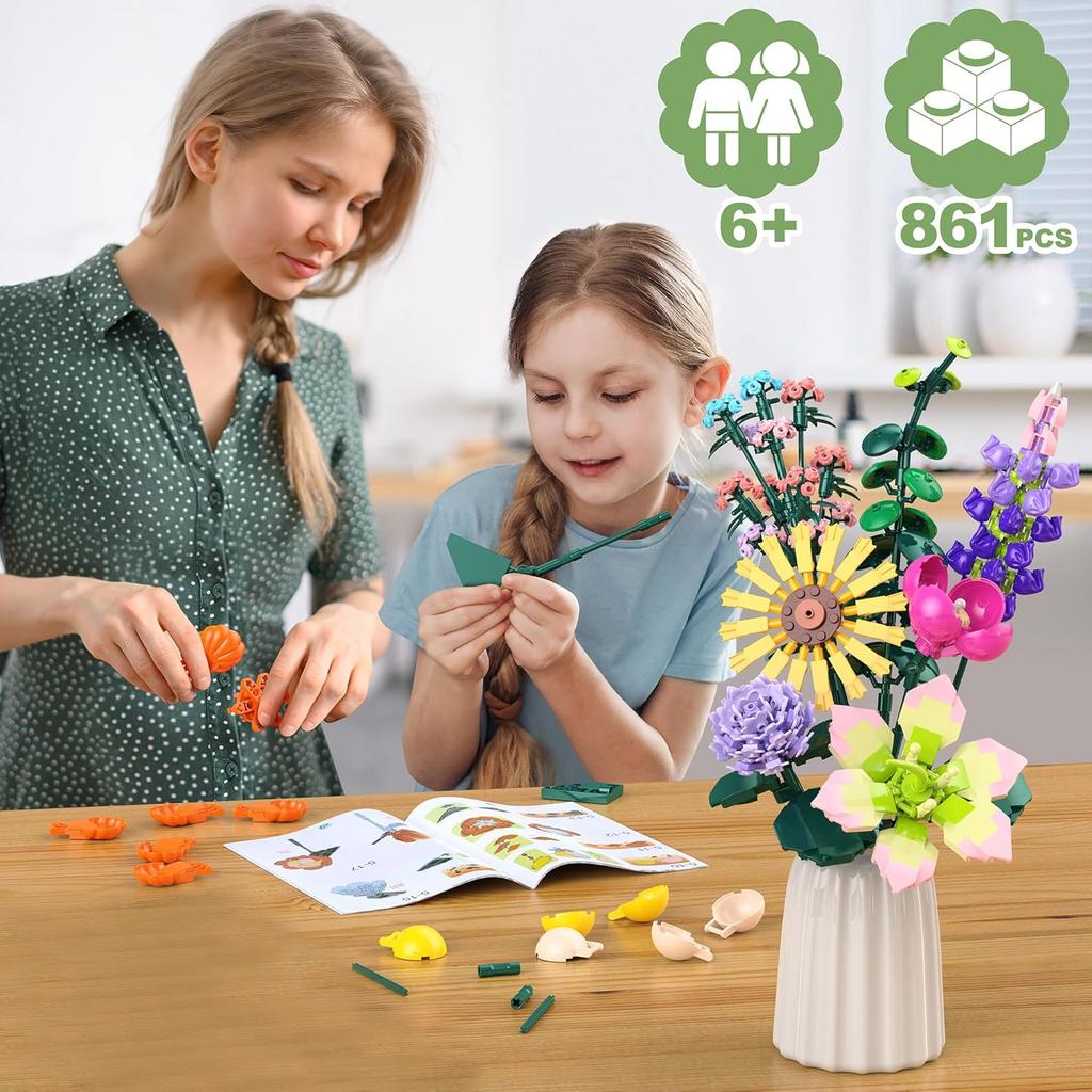 Flowers Bouquet Building Set, DIY Home Offic Botanical Bouquet Decoration Kit, Creative Gift for Women, Girls, Kids, Adults - Great for Birthdays,