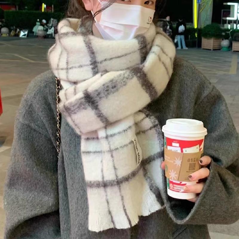 New Mohair Plaid Scarf Women's Winter Thickened Warm Korean Black and White Plaid Imitation Cashmere Shawl