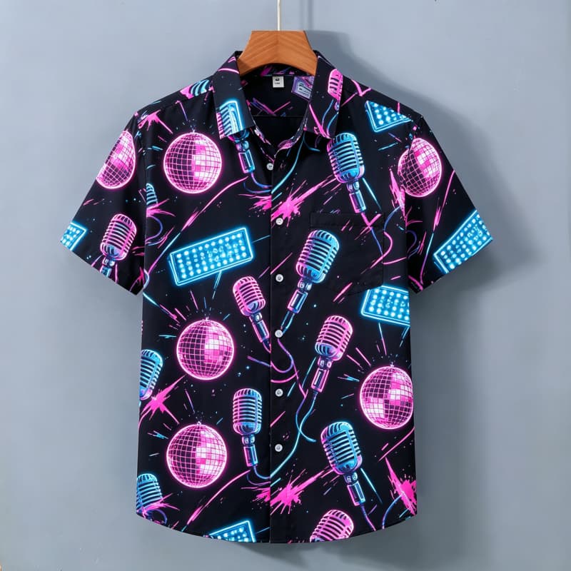 Herren Neon Print Hemd, Kurzarmhemd mit Taschen, Buntes Party-Atmosphäre Oberteil, Geeignet für den täglichen Gebrauch und den Urlaub