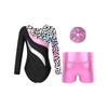 Girls Dance Set Long Sleeve Round Neck Printed Patchwork Leotard Metallic High Waist Shorts Hair Tie Headwear