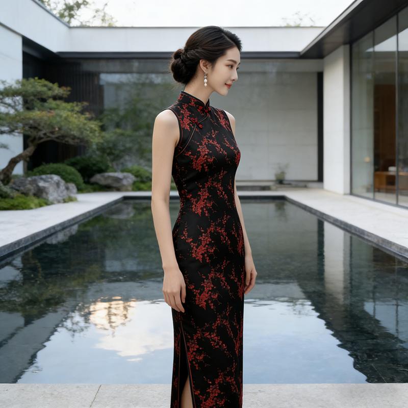 Women Sleeveless Modified Cheongsam, Vintage Floral Chinese Style Midi Qipao Dress, Elegant Formal Split Dress