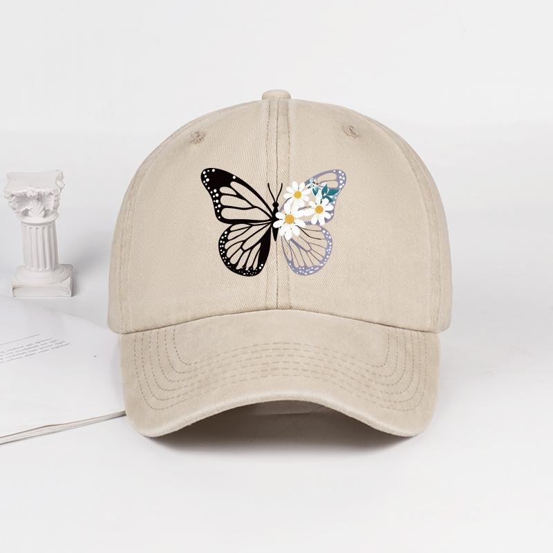 

Butterfly and Daisy Print Washed Baseball Cap – Adjustable Unisex Retro Floral Sun Hat, Perfect for Camping and Vacations бежевый