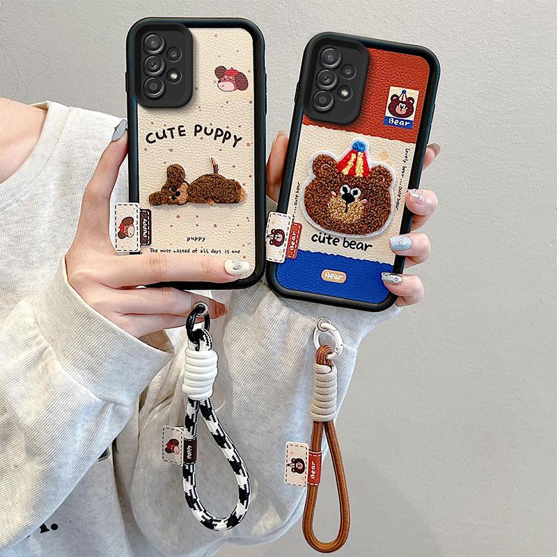 KEYSION Cartoon Cute Plush Embroidery Case for Samsung A52 5G A52S A51 with Lanyard Shockproof Phone Cover for Galaxy A32 4G