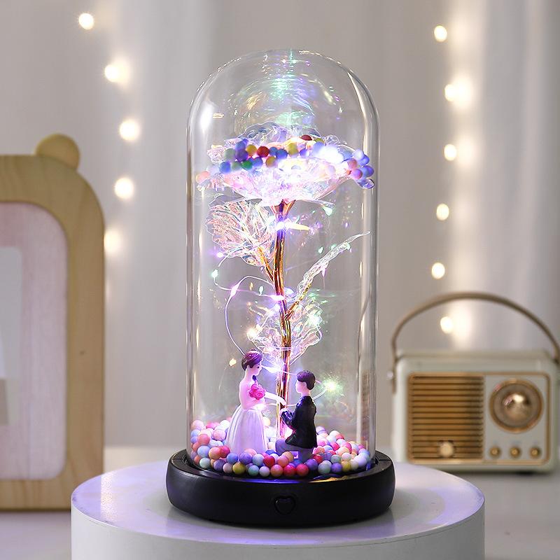 Gold Rose Glass Cover Ornament with Light Music To Send Valentine's Day Women's Day Immortal Flower Creative Gift