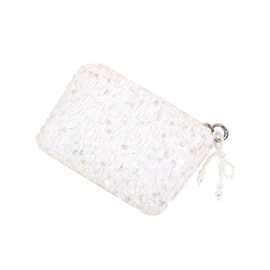 Sequined Cosmetic Bag Girls Stylish Glittery Clutch Makeup Bag with Faux Pearl Bow Zipper Puller Portable Travel Toiletry Organizer for