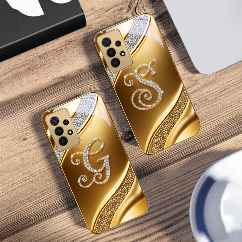 Gorgeous Letters "M W" For Samsung A73 A72 A71 A42 A56 A55 A54 A53 A52s A52 A51 A36 A35 A34 A33 A32 A16 Golden Glass Phone Case