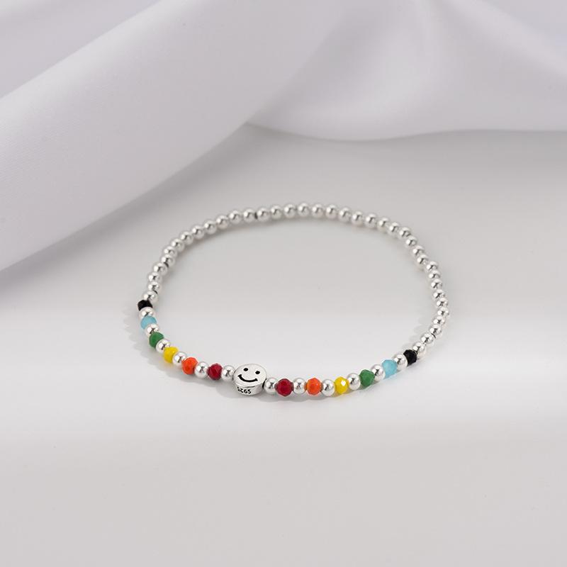 S925 Silver Rainbow Beaded Bracelet for Girls Summer Ins Niche Design Colorful Bear Smiley Hand Jewelry
