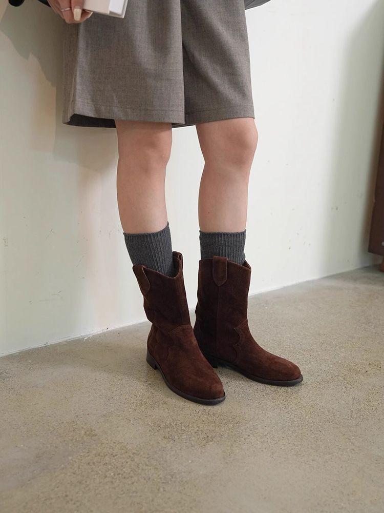 Frosted western cowboy boots medium boots 2025 autumn and winter new French Maillard retro brown low-heeled short boots women