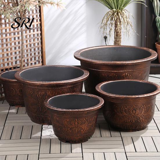 Bronze Embossed Flower Pot Thickened Resin Decorative Planter with Drainage Holes Impact Resistant Plant Large Capacity Outdoor Garden Chinese