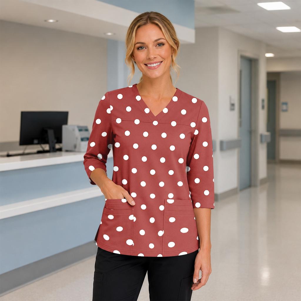 Women's Floral Print V-Neck Scrub Top with Pockets, Three-Quarter Sleeves, Side Split for Nurses