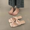 Summer 2025 Women's Square Head Sandals Flat Rubber Sole Simple Design Beach Slippers for Adult Ladies Solid  Slip-On Shoes
