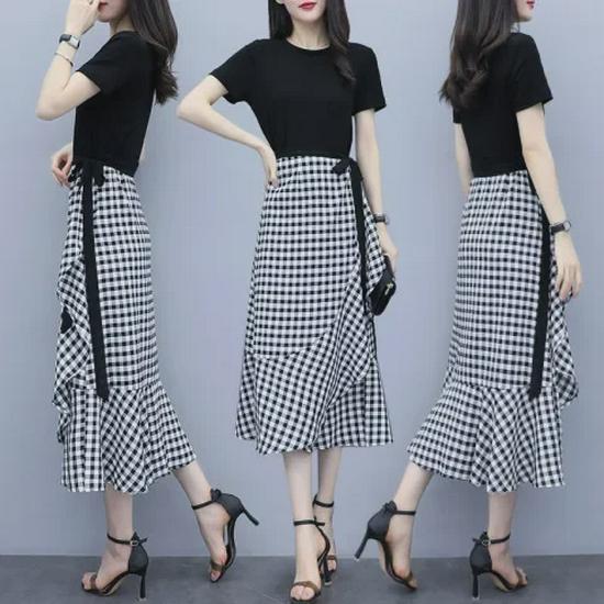2024 Women's Plaid Two-Piece Set: Waist-Hugging Midi Skirt Dress