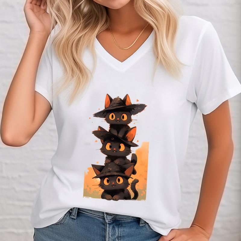 Cute Black Cat in A Witch Hat Graphic Vneck Tshirt FeUnisex Animal Lover TShirt Kawaii Black Cat Short Sleeve Tshirt Casual Top S