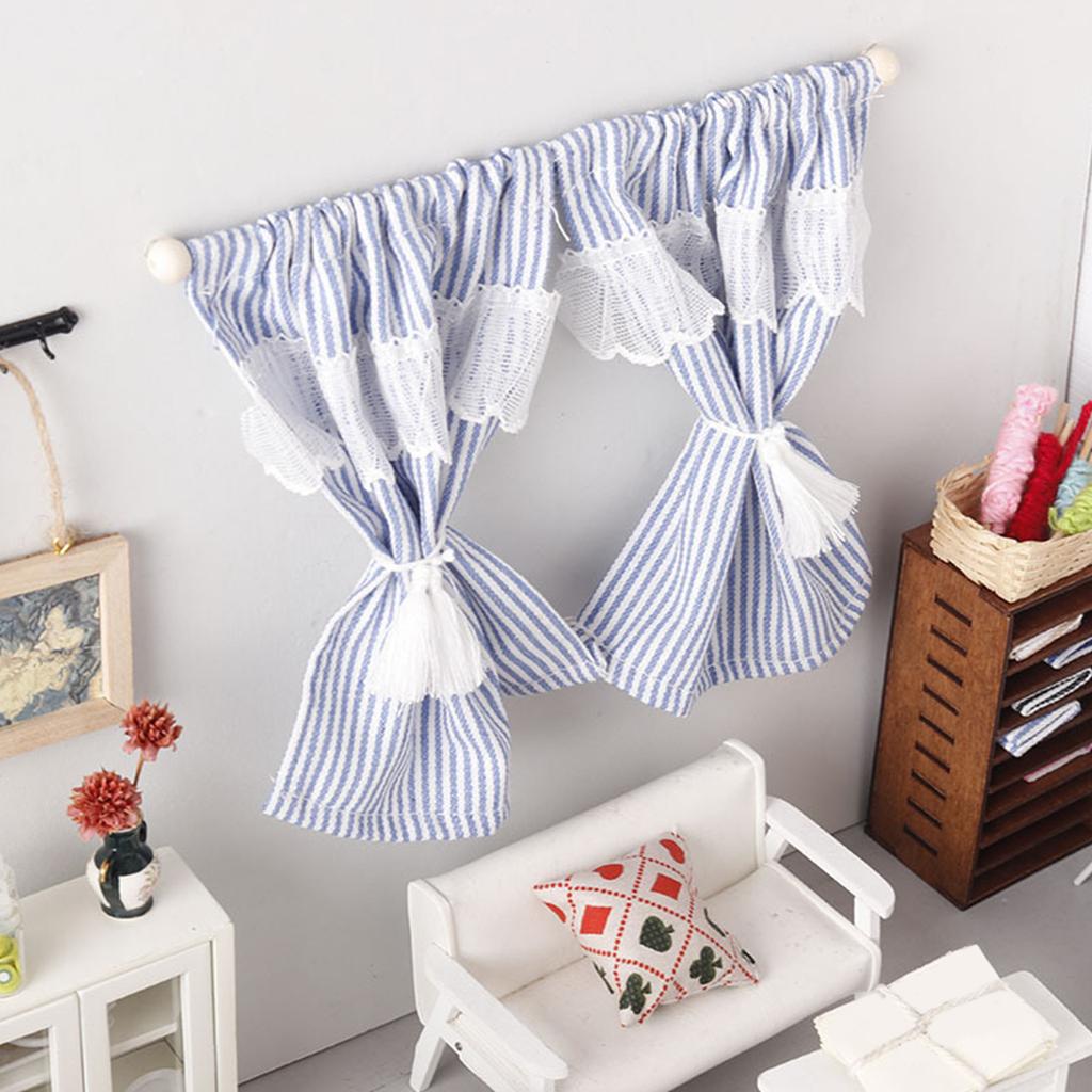 Fabric Miniature Dollhouse Window Curtain with Stripe Pattern Design For 1/12 Model Dollhouse Scene Decoration Accessory