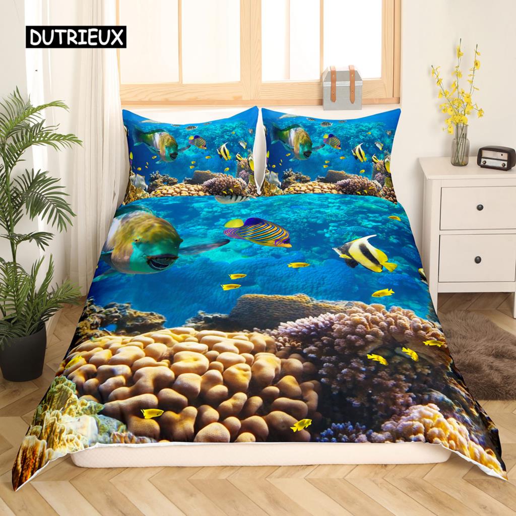 Beach Ocean Duvet Cover Set Hawaiian Palm Tree Waves Bedclothes Tropical Island and Sea Beach Nature Theme Polyester Qulit Cover