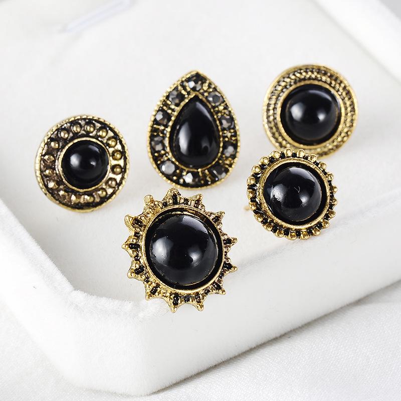 European and American Retro Gemstone Water Drop Stud Earrings Set - 5 Pairs