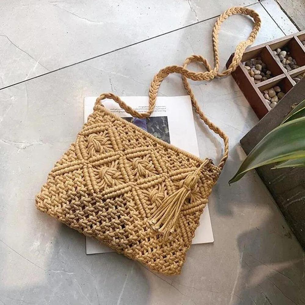 1 Pcs Woven Bag With Crossbody Cotton Thread Tassel Artistic Style Japanese And Korean Style Beach Bag Vacation Travel Bag