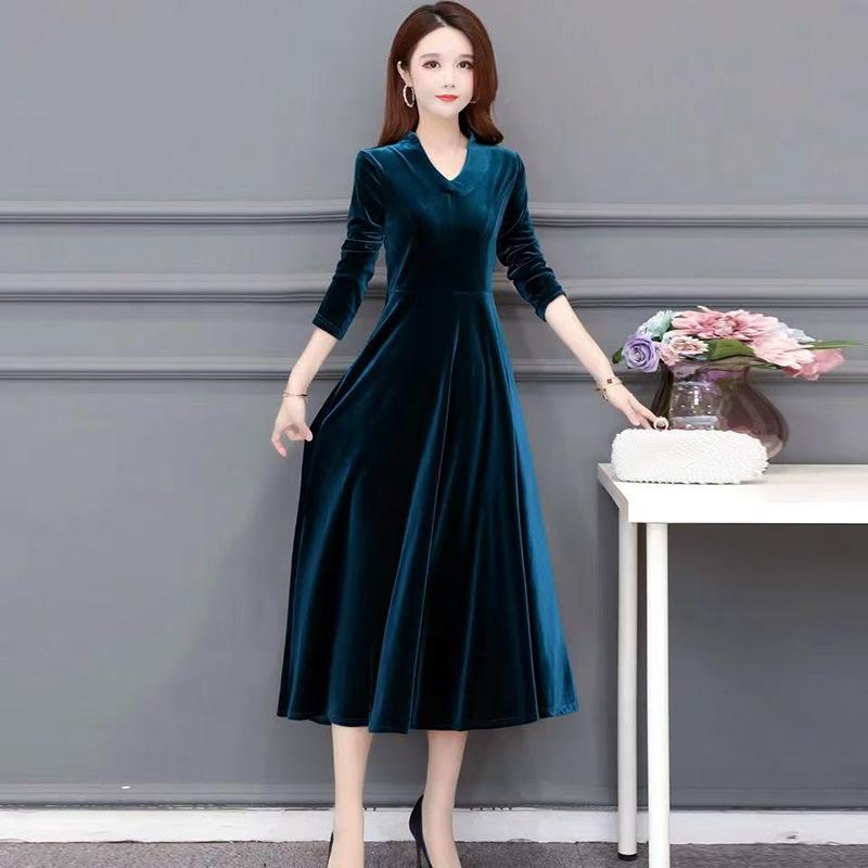 Samt Vintage Damen Maxi Kleid OL Stil Übergröße Rundhalsausschnitt Lange Ärmel Abendkleid Slim Fit Plissiertes Bodycon Ballkleid