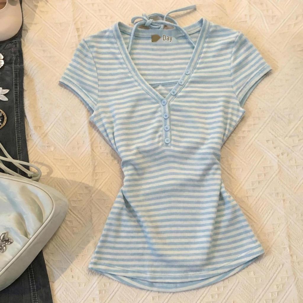 Retro Y2K Light Blue Striped Tie-Up Halter Camisole