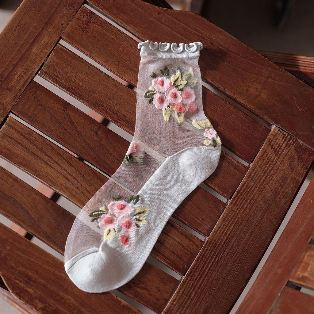 Ultra-thin Transparent Crystal Silk Socks Women Fashion Summer Harajuku Crew Socks Retro Flower Streetwear Elastic Long Socks