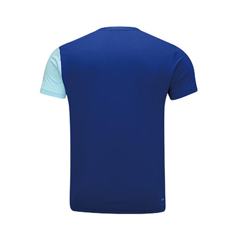 Li Ning All Over Print Spliced V Neck Pullover Short Sleeve Badminton Shirt Unisex Tops Dark-Blue AAYU147-3