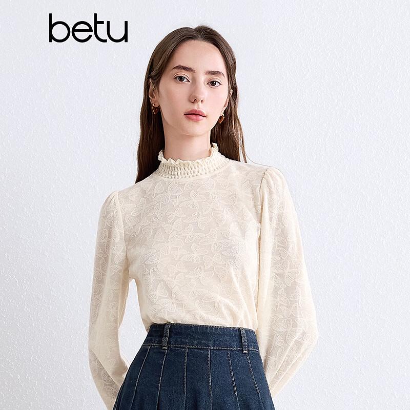 חולצת טי ארוכה לנשים Betu, סתיו, צווארון גולף, אריגת ג'קארד פרפר, שרוול ארוך