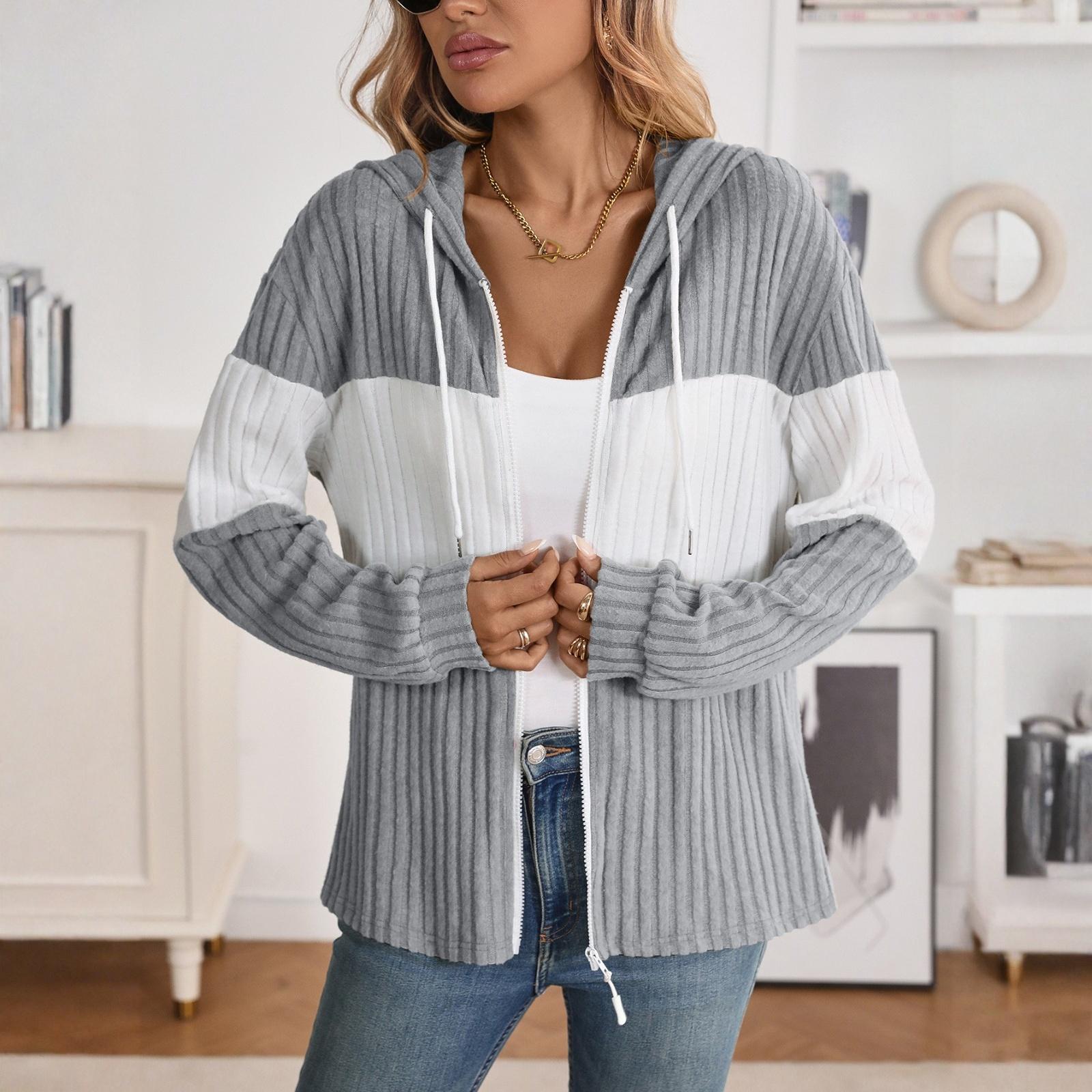 

Women s Zippered Cardigan Splicing Casual Long Sleeve Striped Colorblock Top Jacket M