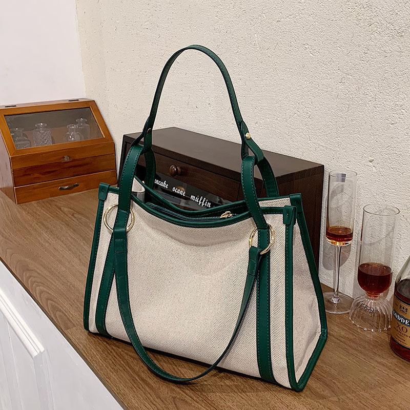 New simple casual large-capacity linen handbag fashion trend contrasting color shoulder bag commuter tote bag