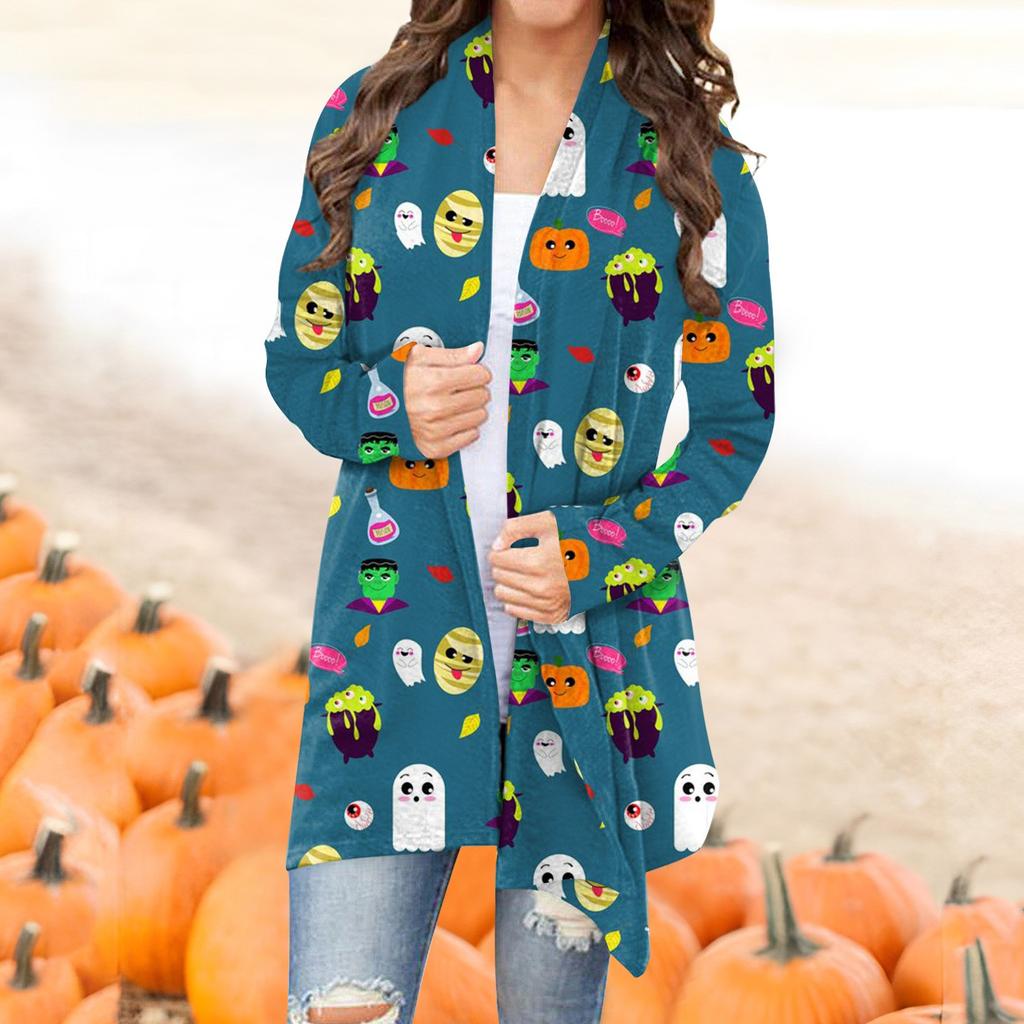 Cappotto da giacca cardigan di media lunghezza con stampa casual di Halloween alla moda da donna