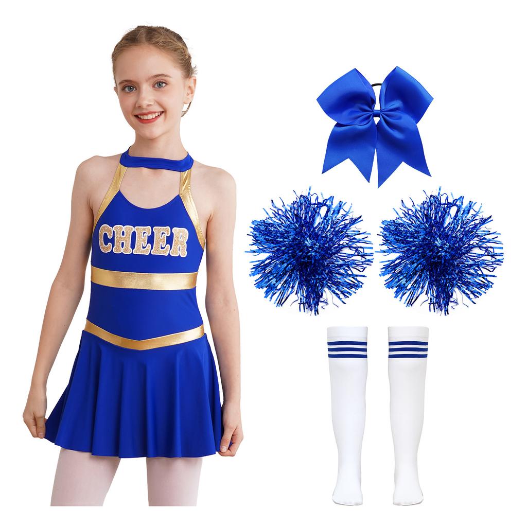Kids Girls Cheerleading Outfits Letter Print Patchwork Sleeveless Dance Dress Bowknot Headwear Hand Flowers Striped Tube Socks