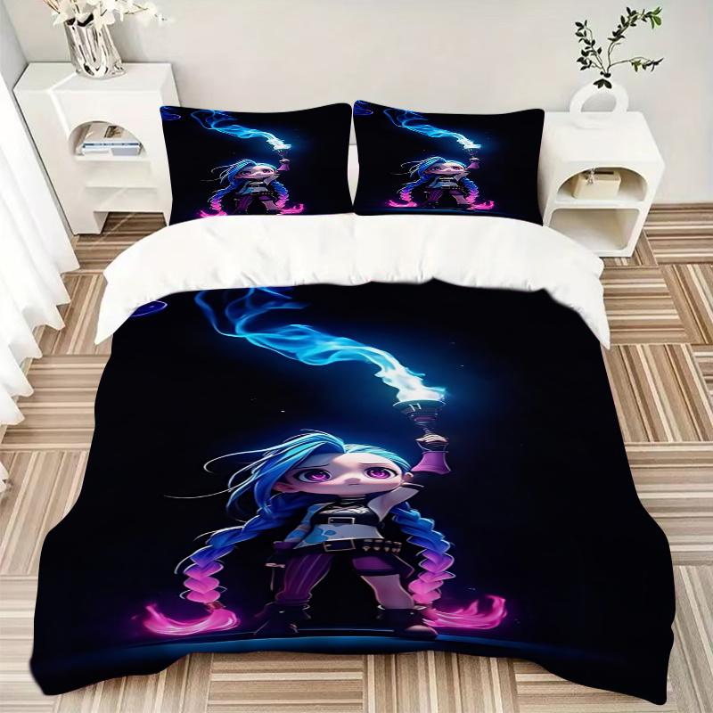 3pcs Jinx Blue and Purple Flame Fantasy Character Bedding Set-Perfect for Decorative Bedrooms, Hotels, and Festive Gifts!1202254a