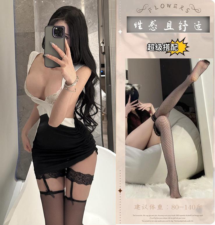 Erotic lingerie, deep V cross cutout, open-chested secretary's outfit, lace see-through, sexy hip-hugging dress