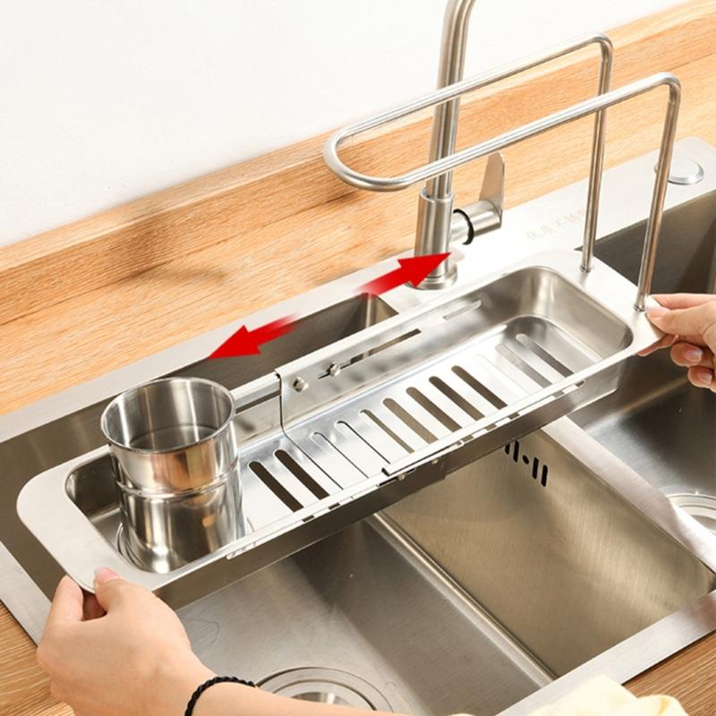 Multifunctional Over The Sink Storage Rack Stainless Steel Adjustable Shelf for Mess Release Kitchen Space